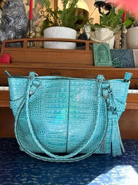 PATRICIA NASH Abingdon Distressed Croc Blue Grass Color Long Strap Tote Bag